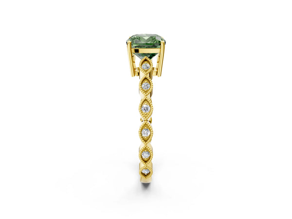 Yellow gold Fancy Green Cushion Cut Solitaire Diamond Ring with Infinity Twist Band and Four-Prong Setting