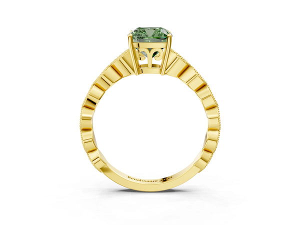 Yellow gold Fancy Green Cushion Cut Solitaire Diamond Ring with Infinity Twist Band and Four-Prong Setting