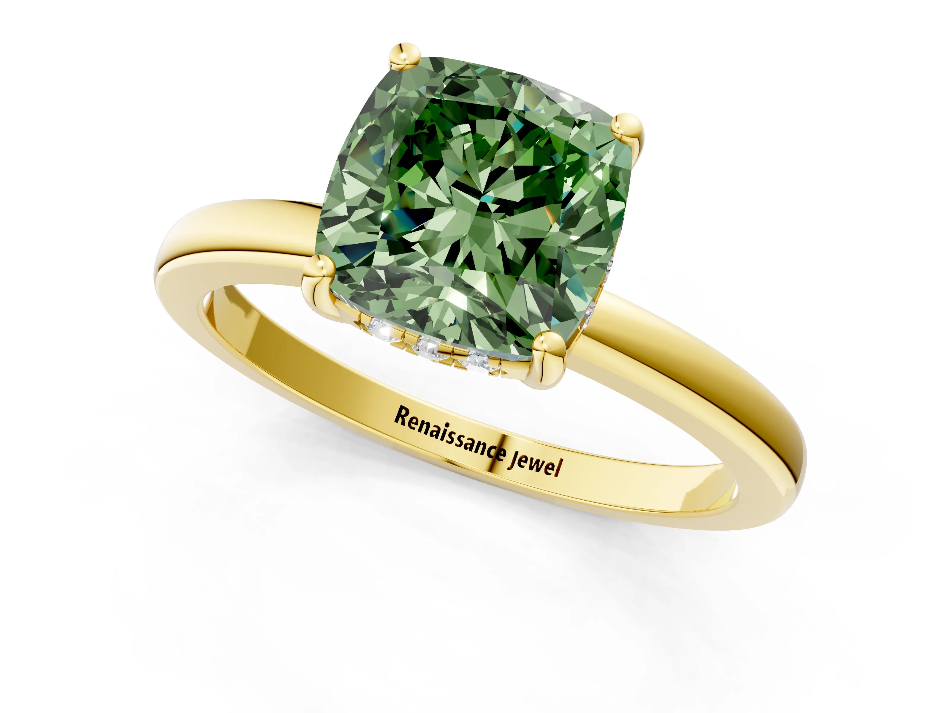 Yellow gold Fancy Green Cushion Cut Solitaire Diamond Ring with Prong Setting and Plain Band_1