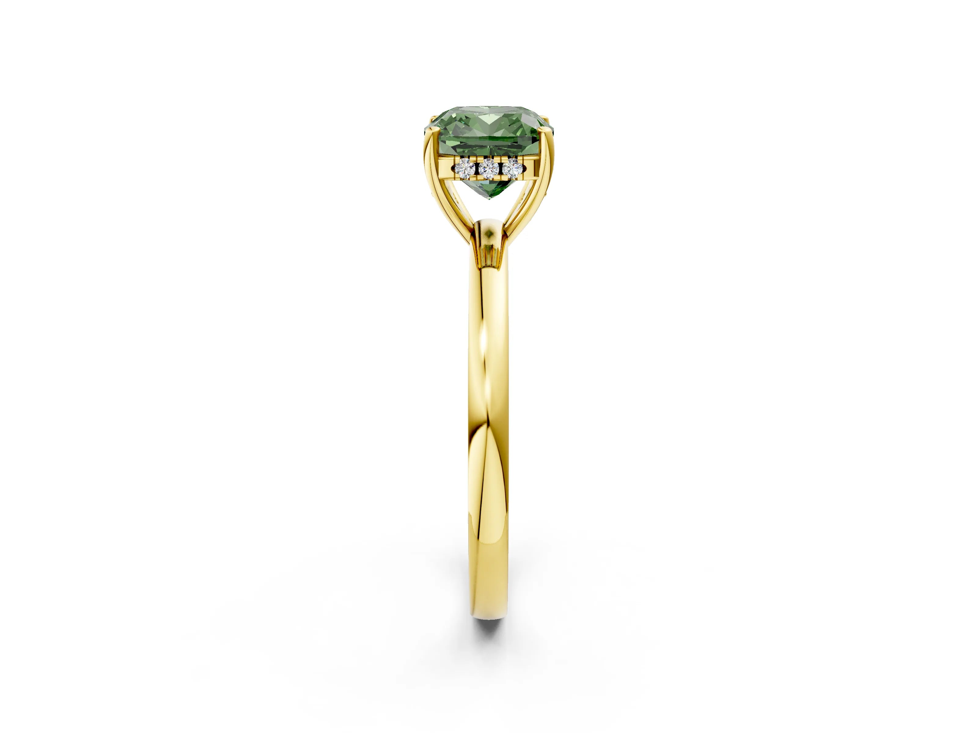 Yellow gold Fancy Green Cushion Cut Solitaire Diamond Ring with Prong Setting and Plain Band_2