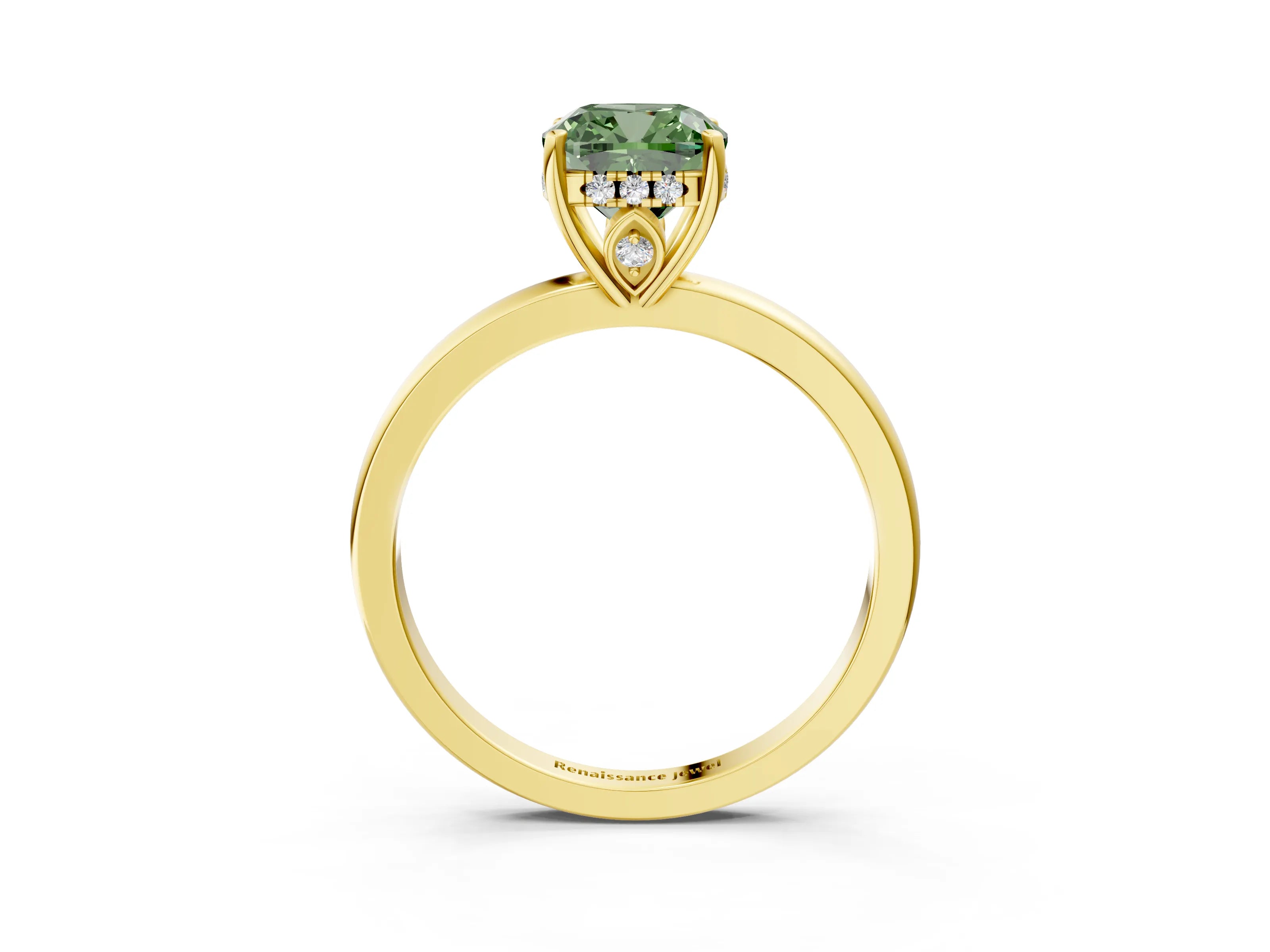 Yellow gold Fancy Green Cushion Cut Solitaire Diamond Ring with Prong Setting and Plain Band_3