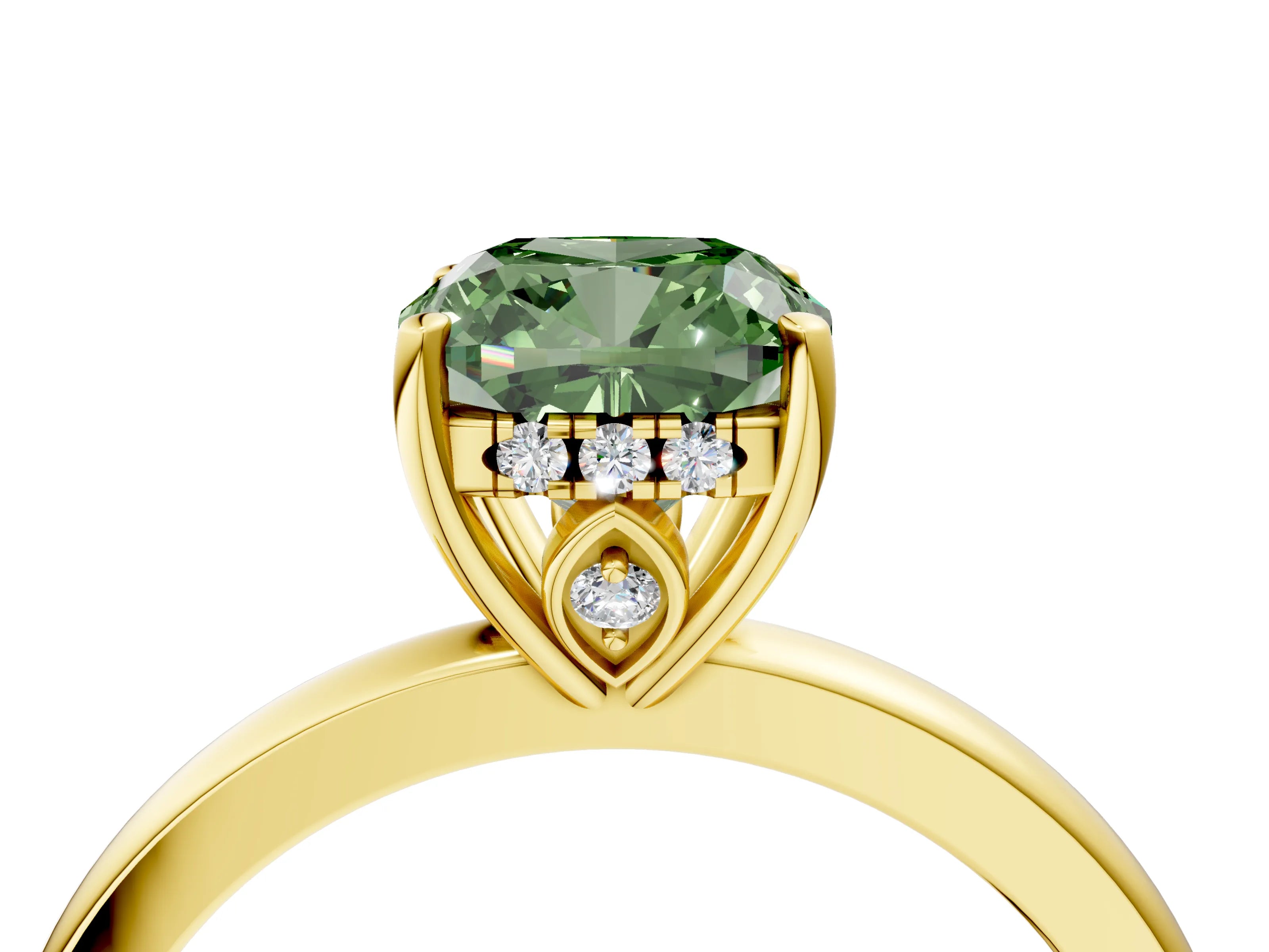 Yellow gold Fancy Green Cushion Cut Solitaire Diamond Ring with Prong Setting and Plain Band_4