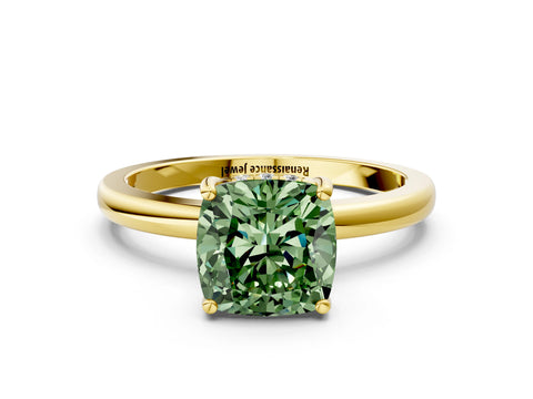 Yellow gold Fancy Green Cushion Cut Solitaire Diamond Ring with Prong Setting and Plain Band