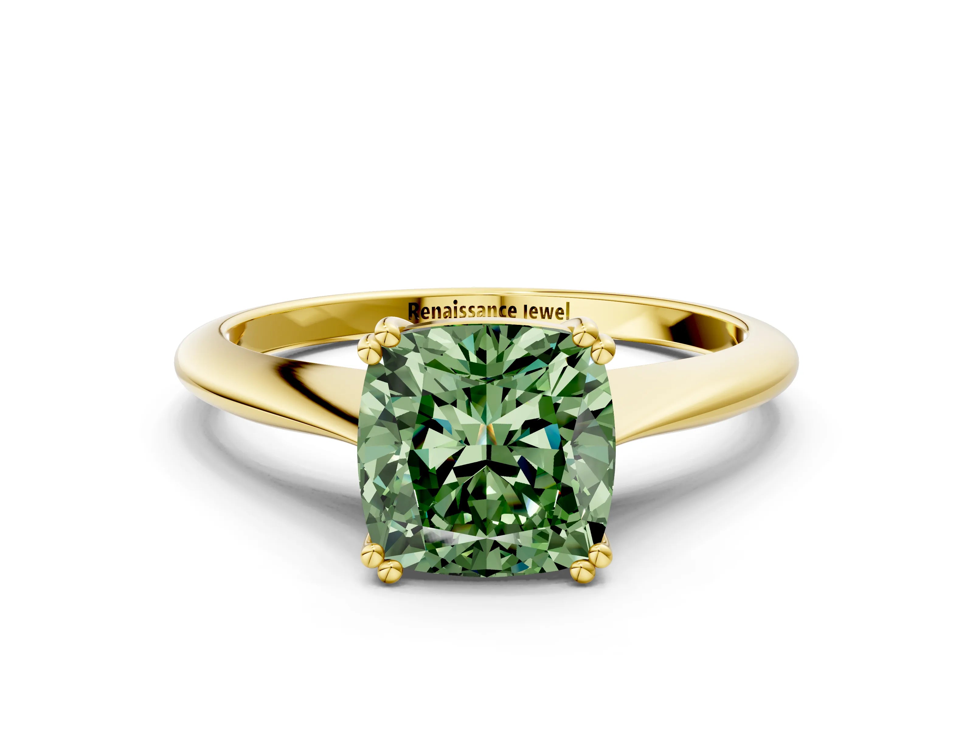 Yellow gold Fancy Green Cushion Cut Solitaire Diamond Ring with Six-Prong Setting and Classic Band