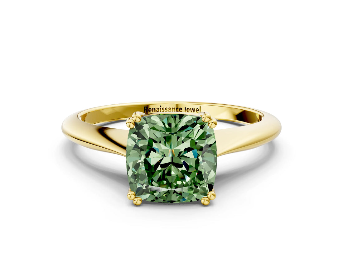 Yellow gold Fancy Green Cushion Cut Solitaire Diamond Ring with Six-Prong Setting and Classic Band_12