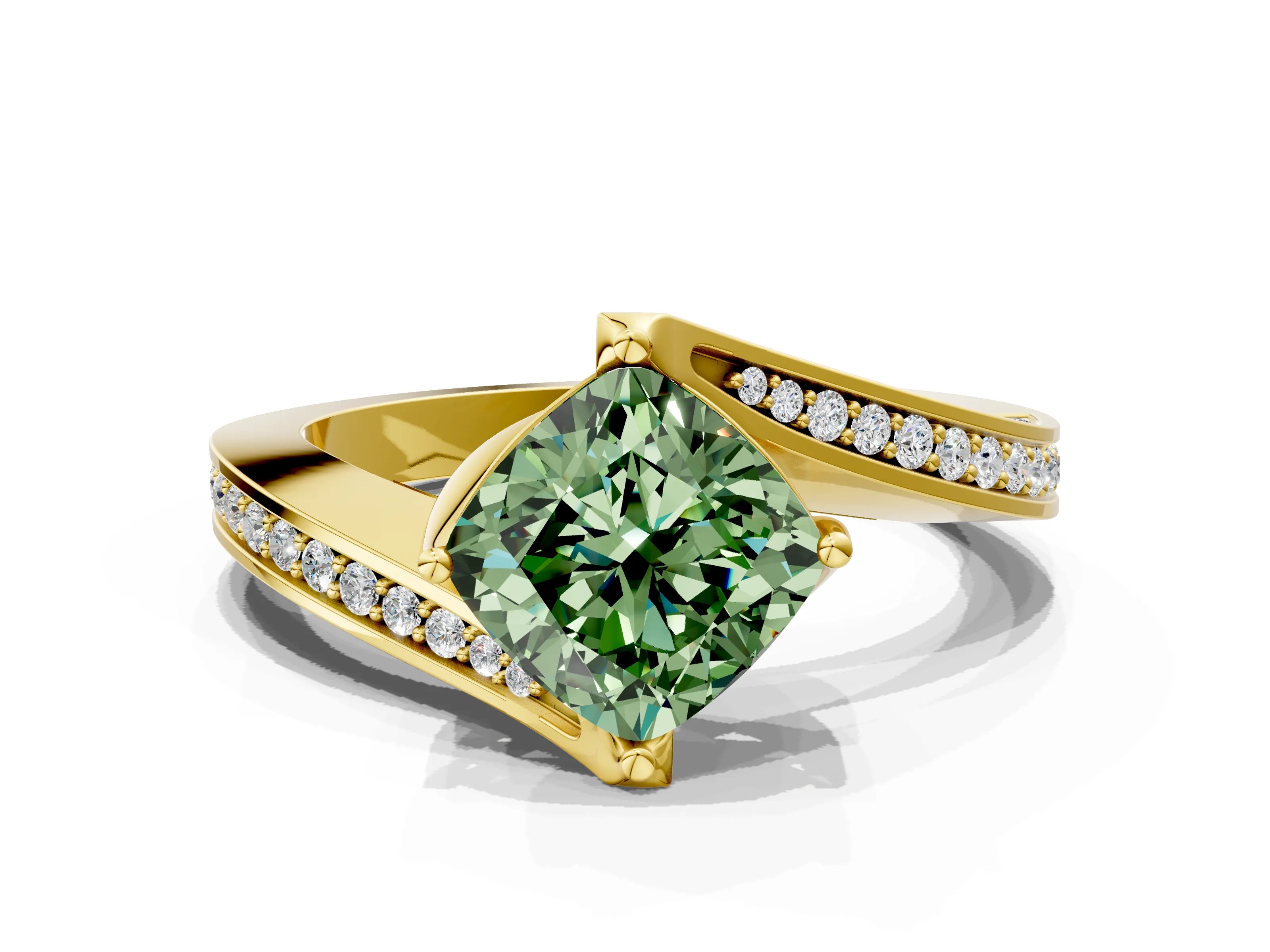 Yellow gold Fancy Green Cushion Cut Solitaire Diamond Twist Band with Pavé Setting and Four-Prong Setting