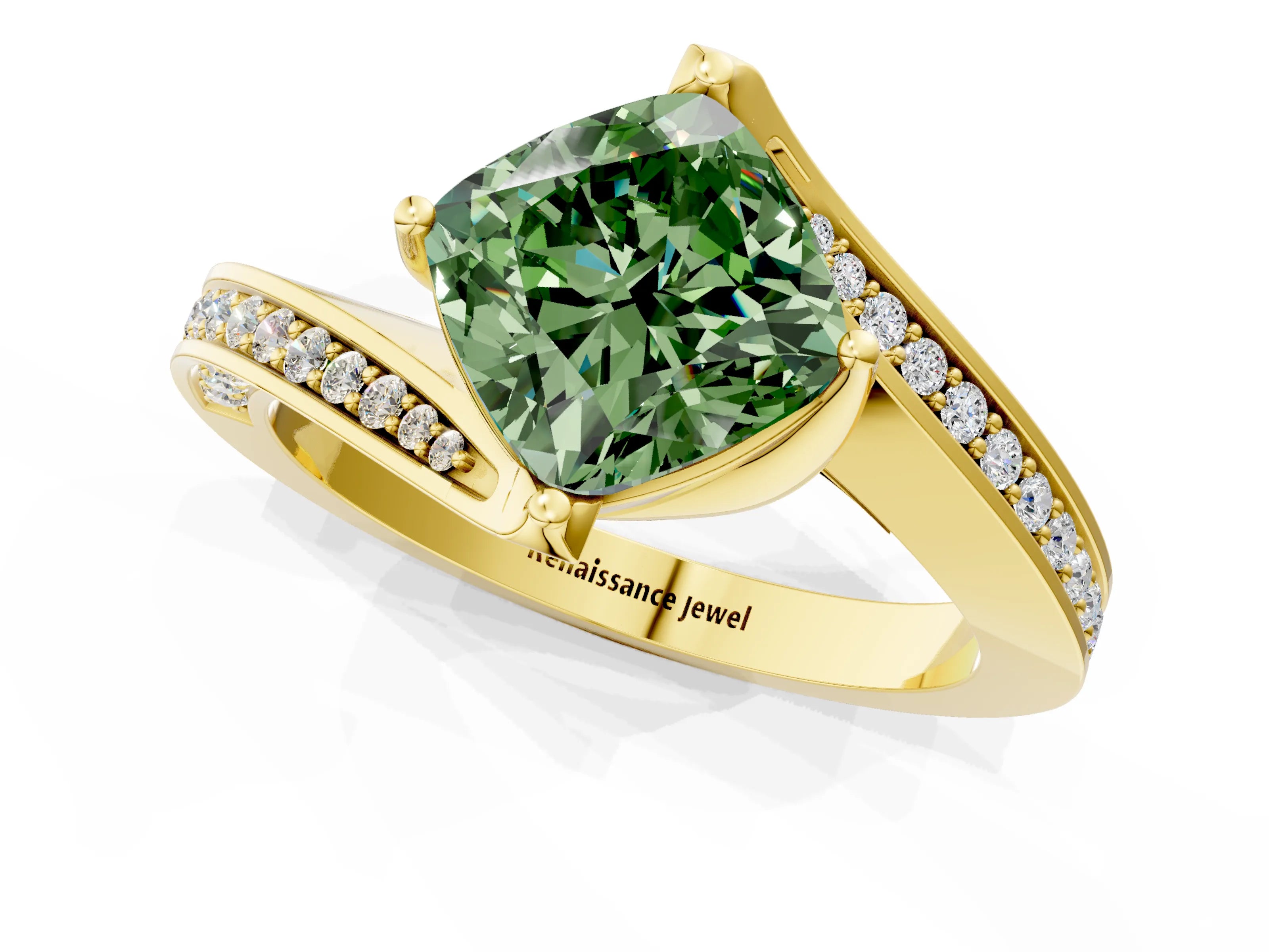 Yellow gold Fancy Green Cushion Cut Solitaire Diamond Twist Band with Pavé Setting and Four-Prong Setting_1