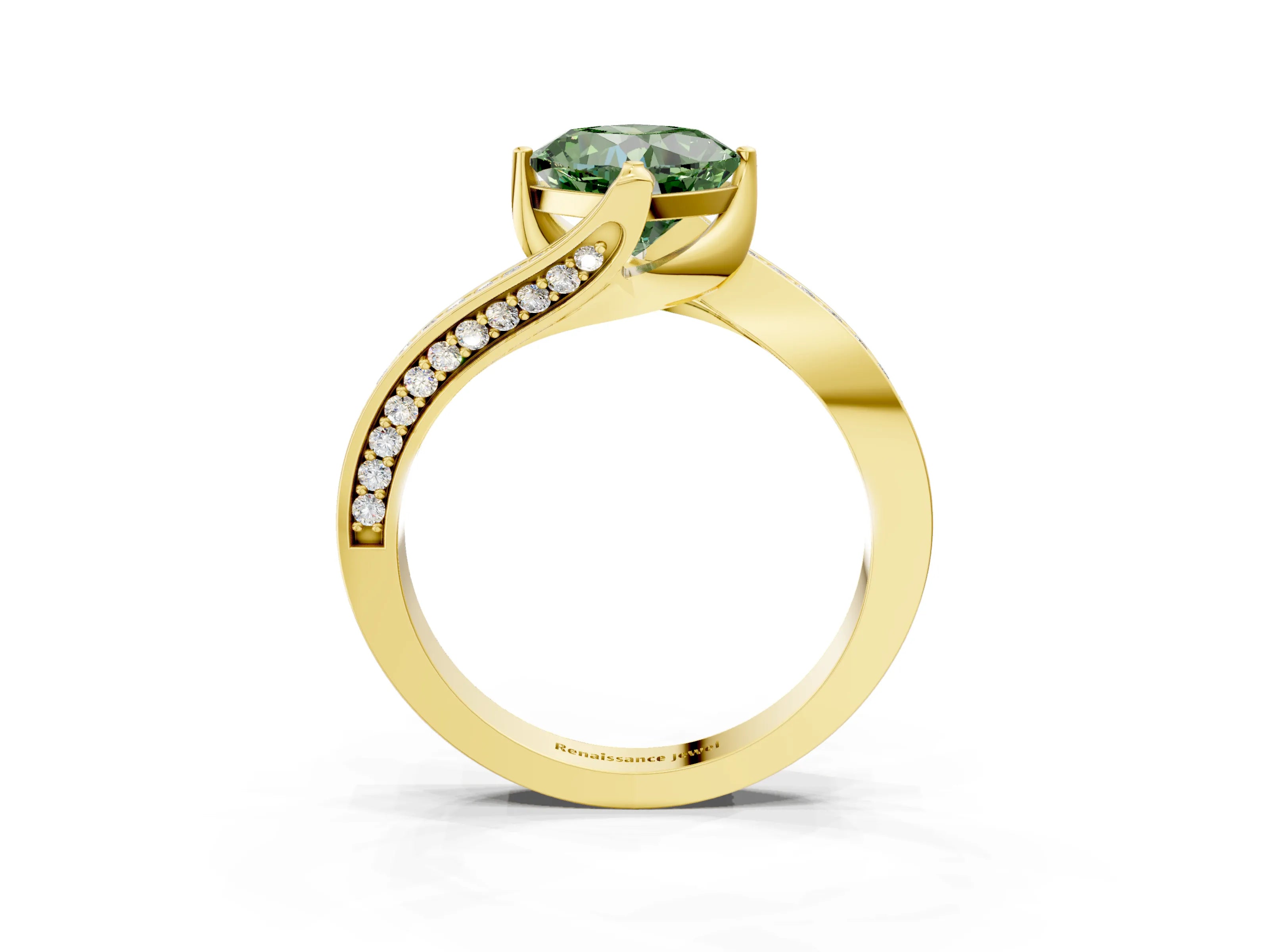 Yellow gold Fancy Green Cushion Cut Solitaire Diamond Twist Band with Pavé Setting and Four-Prong Setting_3