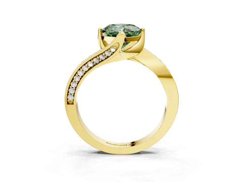 Yellow gold Fancy Green Cushion Cut Solitaire Diamond Twist Band with Pavé Setting and Four-Prong Setting_3