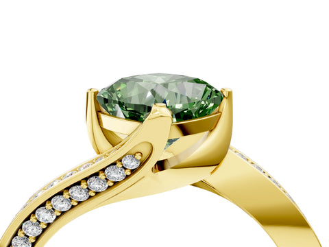Yellow gold Fancy Green Cushion Cut Solitaire Diamond Twist Band with Pavé Setting and Four-Prong Setting_4