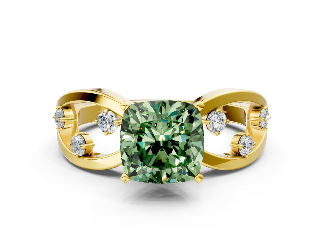 Yellow gold Fancy Green Cushion  Cut Solitaire Diamond with Side Stones on Criss-Cross Band and Four-Prong Setting_3