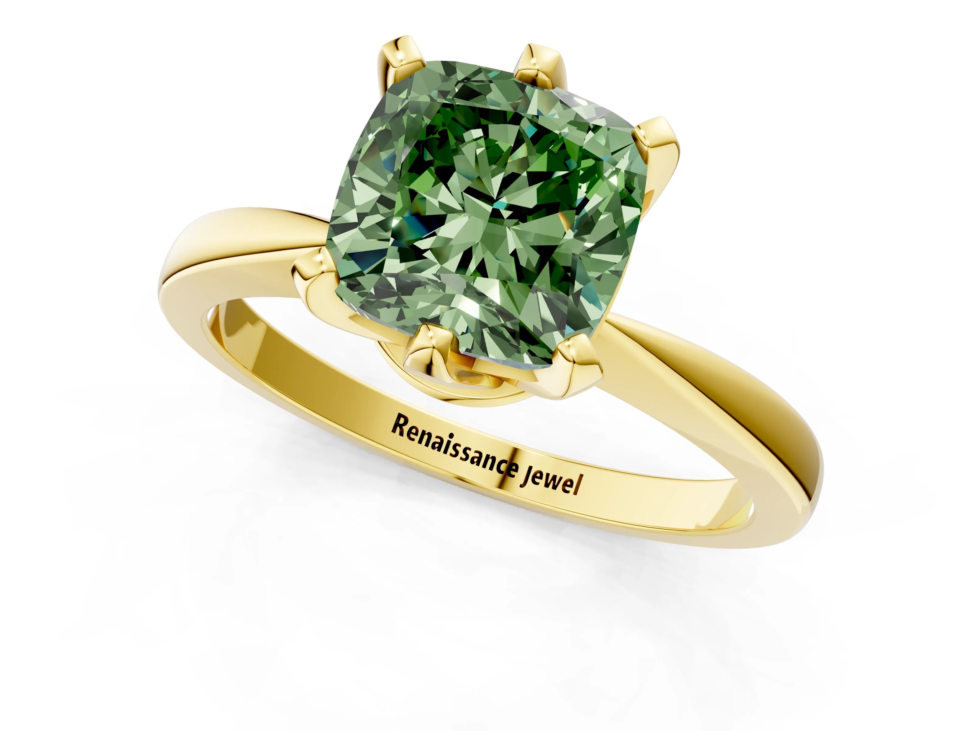 Yellow gold Fancy Green Cushion Cut Solitaire Engagement Ring with Six-Prong Setting and Tapered Band_1