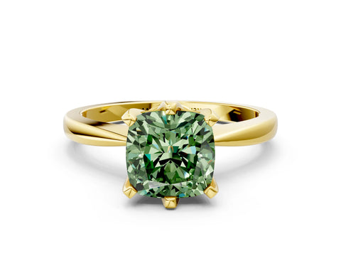 Yellow gold Fancy Green Cushion Cut Solitaire Engagement Ring with Six-Prong Setting and Tapered Band