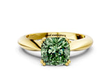 Yellow gold Fancy Green Cushion  Cut Solitaire Engagement Ring with Tapered Band and Four-Prong Setting