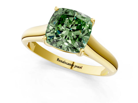 Yellow gold Fancy Green Cushion Cut Solitaire Engagement Ring with Tapered Band and Four-Prong Setting_4