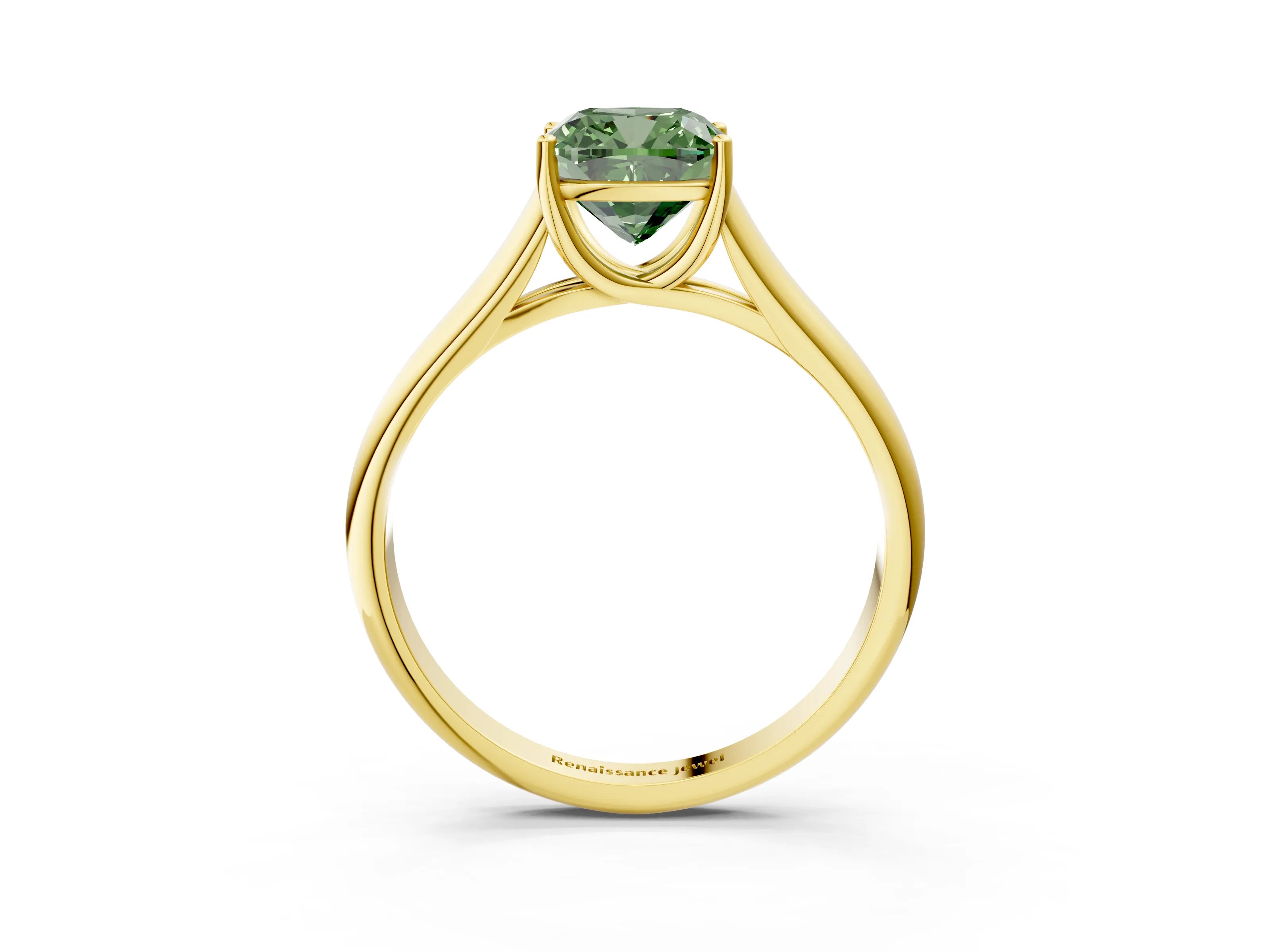 Yellow gold Fancy Green Cushion Cut Solitaire Engagement Ring with Tapered Band and Four-Prong Setting_6