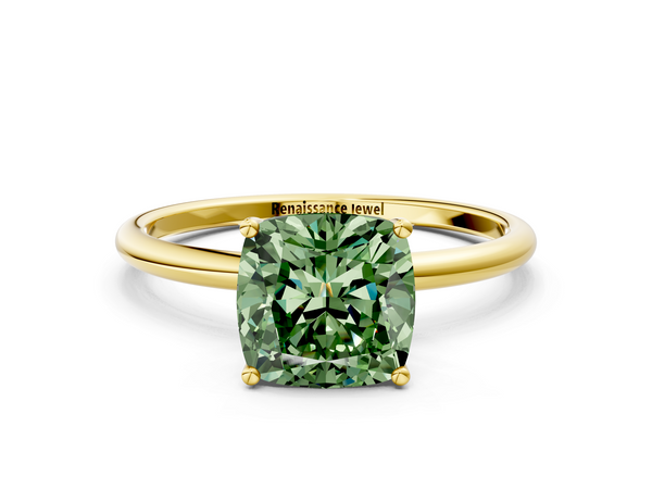 Yellow gold Fancy Green Cushion  Cut Solitaire Engagement Ring with Thin Band and Four-Prong Setting