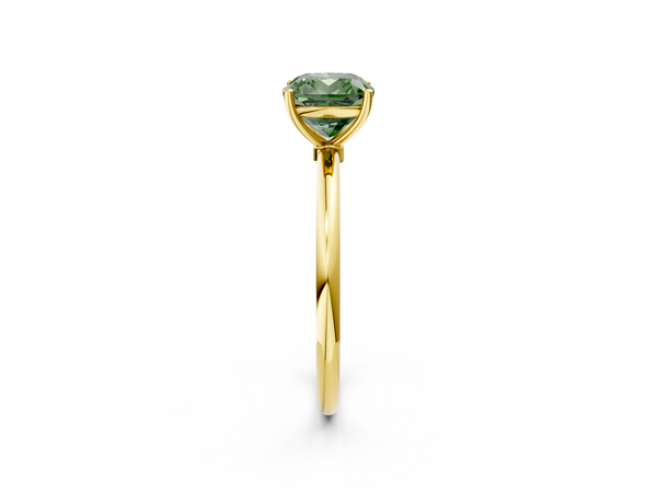 Yellow gold Fancy Green Cushion  Cut Solitaire Engagement Ring with Thin Band and Four-Prong Setting