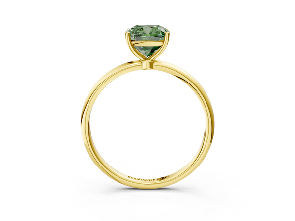 Yellow gold Fancy Green Cushion  Cut Solitaire Engagement Ring with Thin Band and Four-Prong Setting