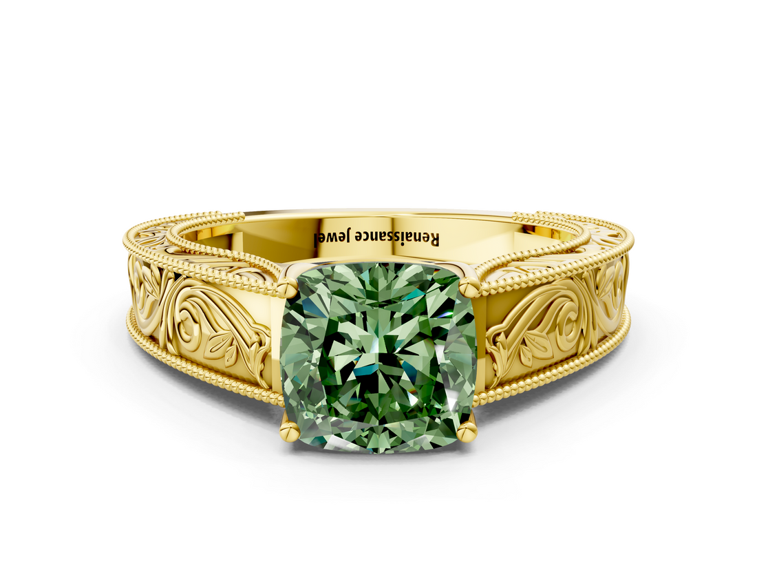 Yellow gold Fancy Green Cushion  Cut Solitaire Engraved Band with Four-Prong Setting_61
