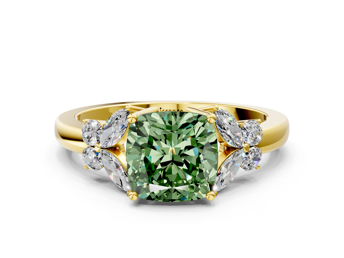 Yellow gold Fancy Green Cushion  Cut Solitaire Floral Diamond Ring with Four-Prong Setting_37