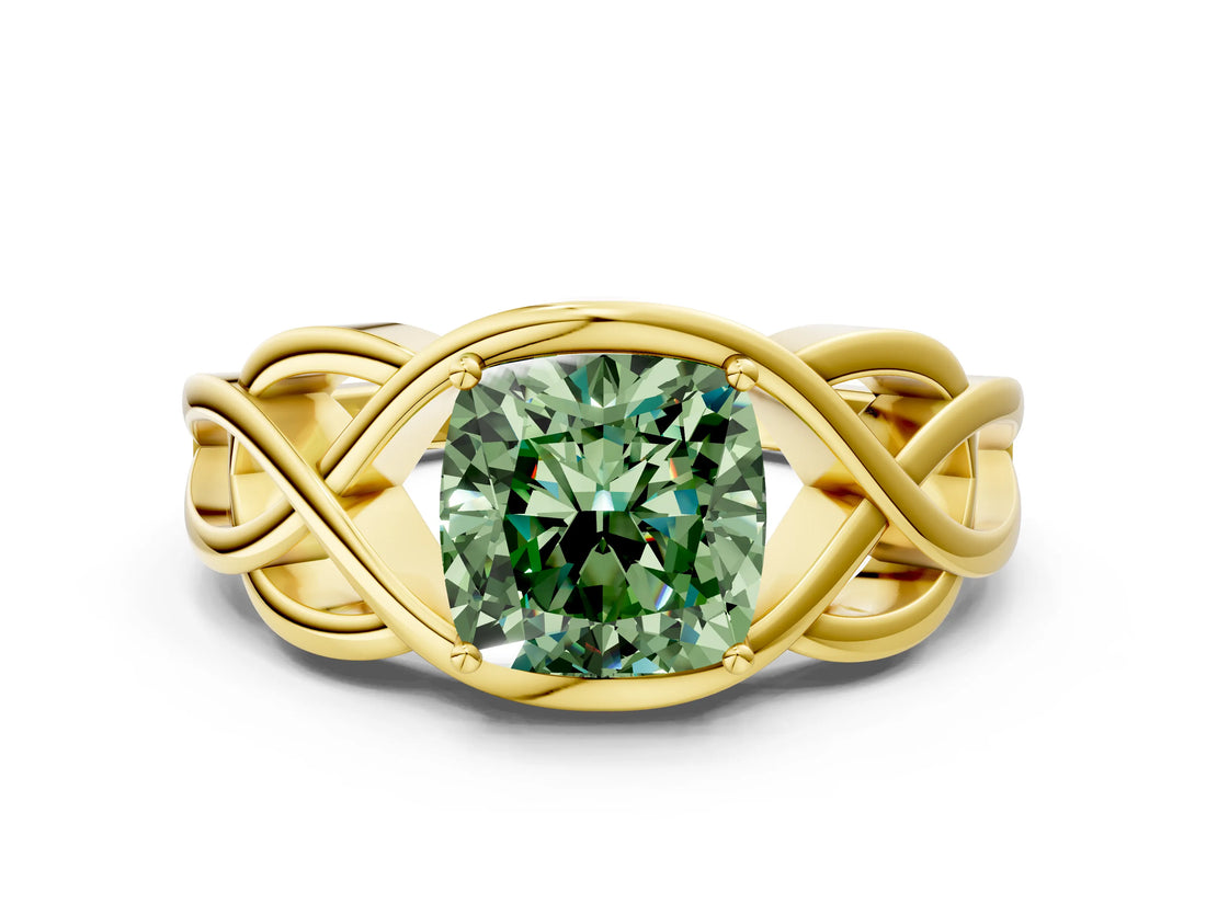 Yellow gold Fancy Green Cushion Cut Solitaire Intertwined Band Prong Setting Ring