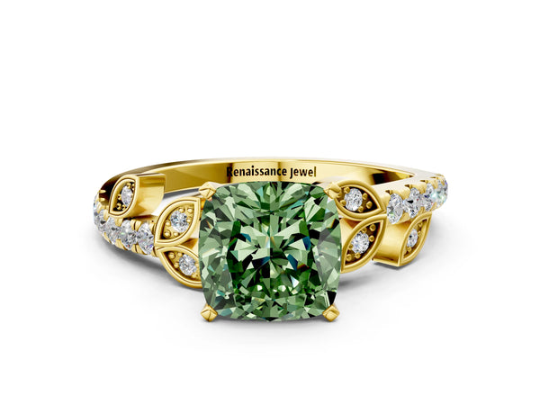 Yellow gold Fancy Green Cushion Cut Solitaire Leaf-Inspired Diamond Ring with Pavé Band and Four-Prong Setting