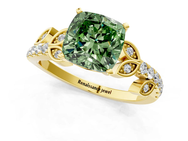 Yellow gold Fancy Green Cushion Cut Solitaire Leaf-Inspired Diamond Ring with Pavé Band and Four-Prong Setting