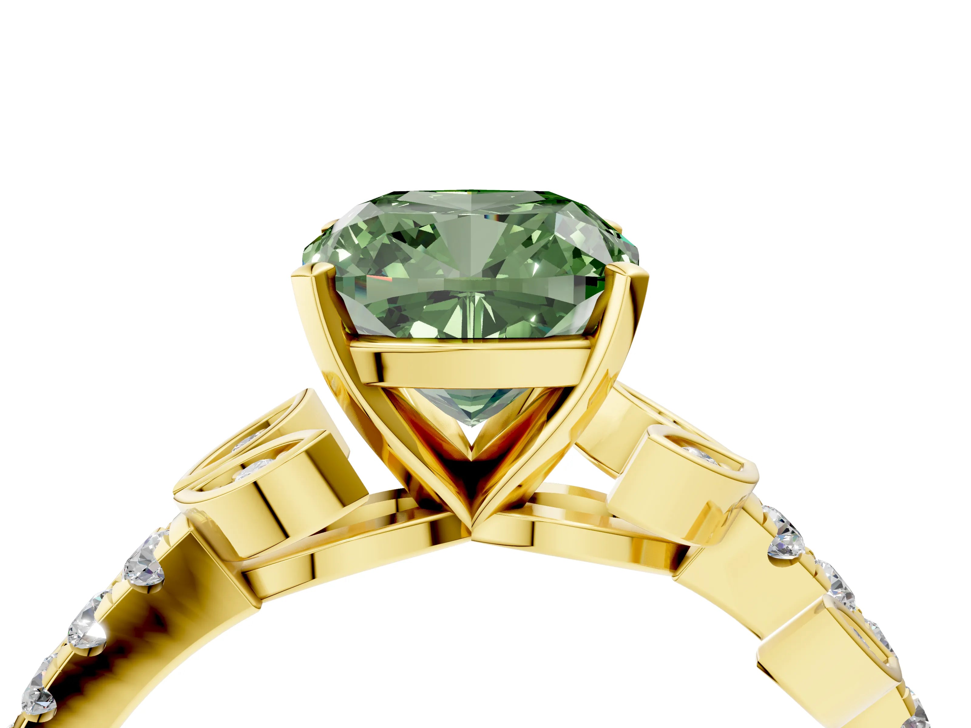 Yellow gold Fancy Green Cushion Cut Solitaire Leaf-Inspired Diamond Ring with Pavé Band and Four-Prong Setting_4