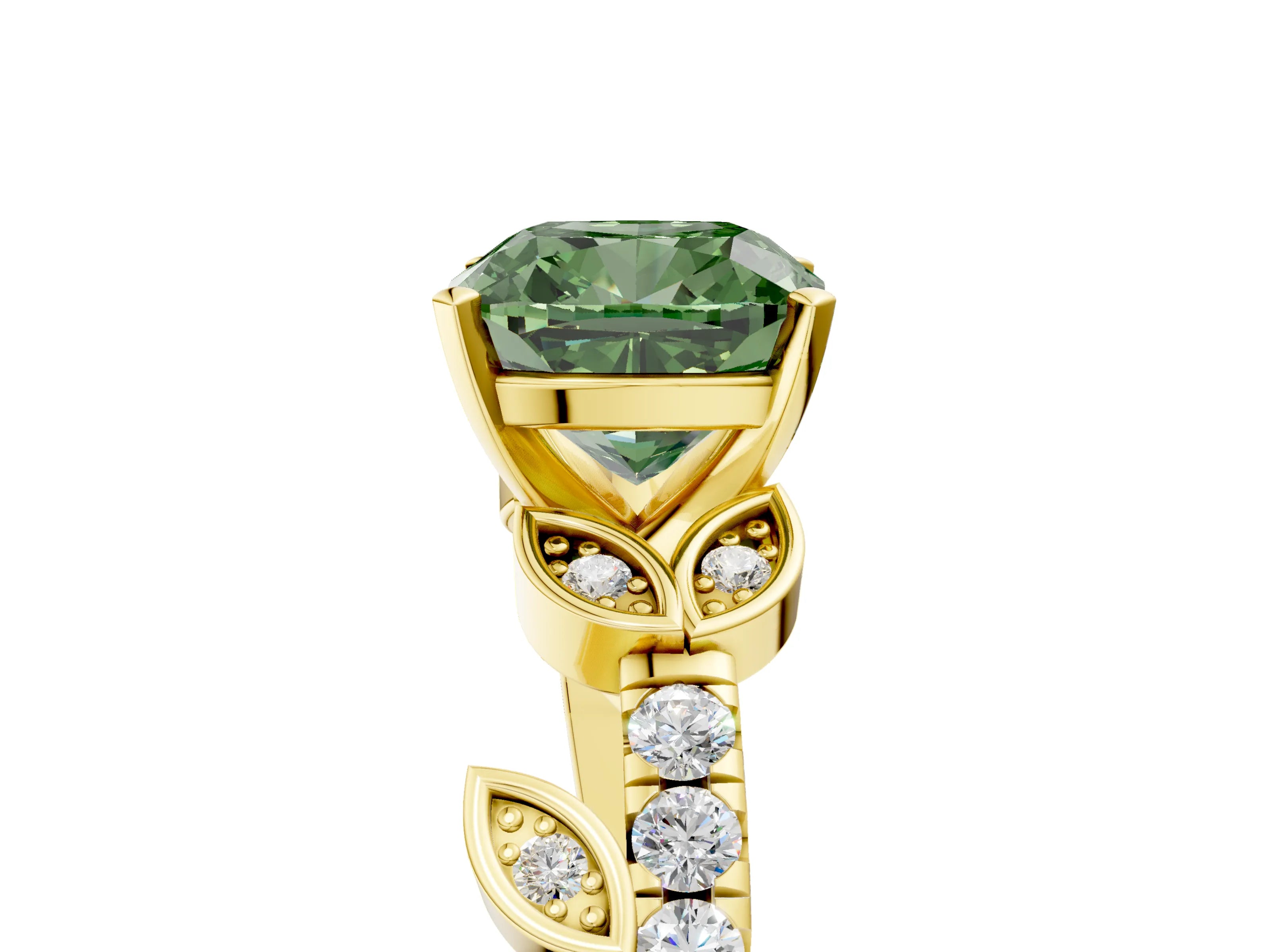Yellow gold Fancy Green Cushion Cut Solitaire Leaf-Inspired Diamond Ring with Pavé Band and Four-Prong Setting_5
