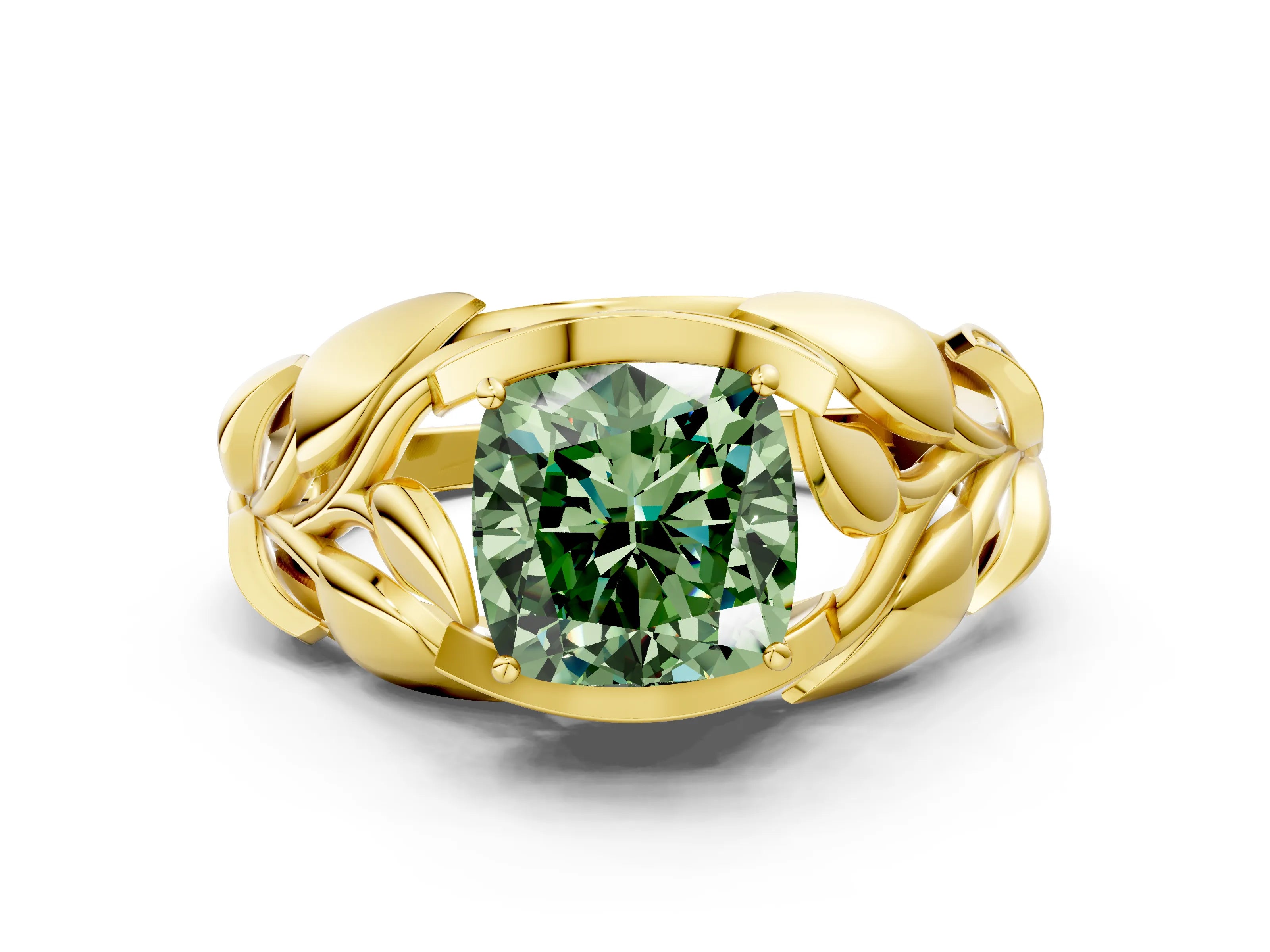 Yellow gold Fancy Green Cushion Cut Solitaire Leaf-Inspired Engagement Ring with Prong Setting