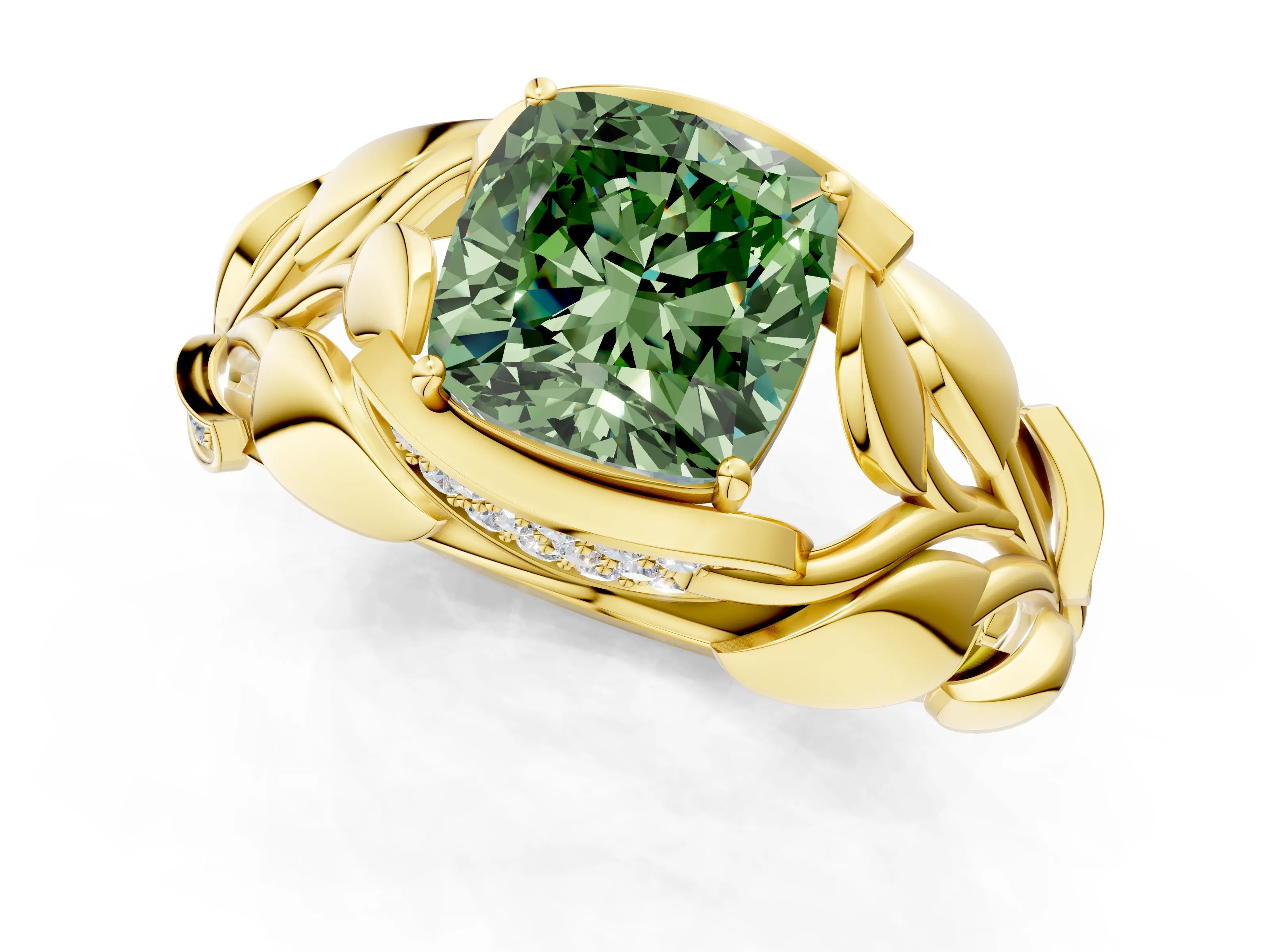 Yellow gold Fancy Green Cushion Cut Solitaire Leaf-Inspired Engagement Ring with Prong Setting_1