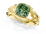 Yellow gold Fancy Green Cushion Cut Solitaire Leaf-Inspired Engagement Ring with Prong Setting_13