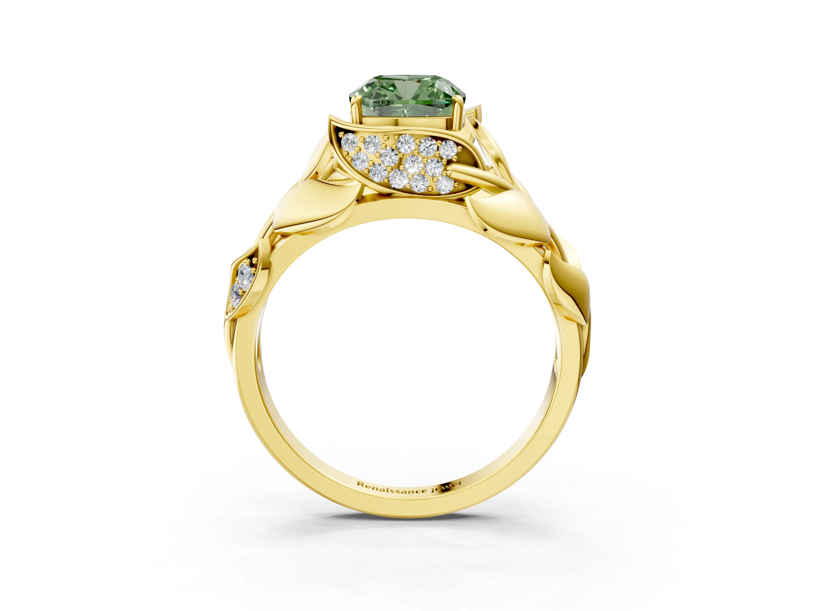 Yellow gold Fancy Green Cushion Cut Solitaire Leaf-Inspired Engagement Ring with Prong Setting_3
