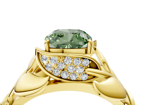 Yellow gold Fancy Green Cushion Cut Solitaire Leaf-Inspired Engagement Ring with Prong Setting_4