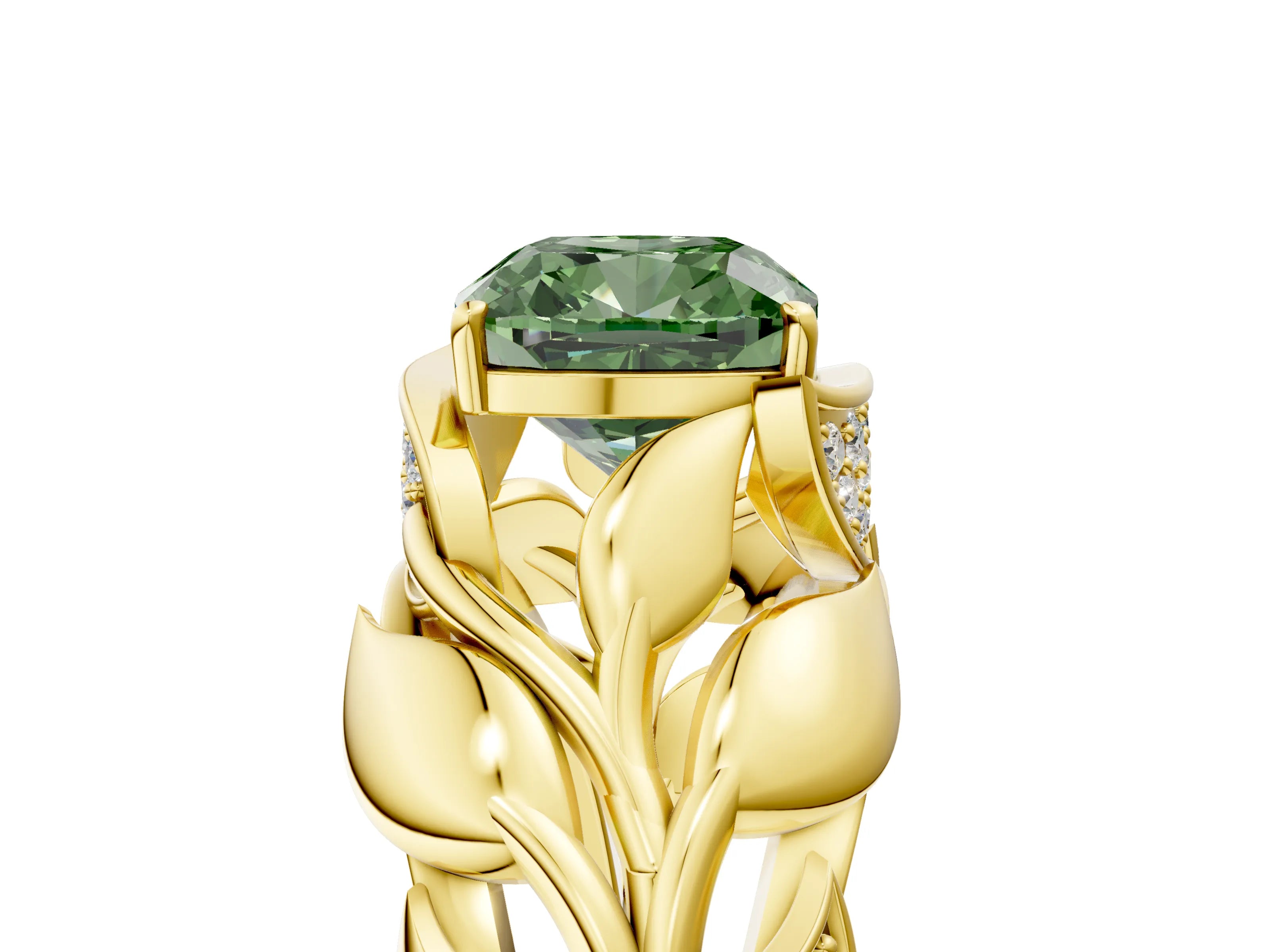 Yellow gold Fancy Green Cushion Cut Solitaire Leaf-Inspired Engagement Ring with Prong Setting_5