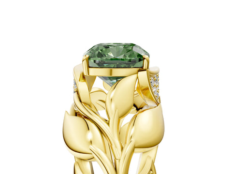 Yellow gold Fancy Green Cushion Cut Solitaire Leaf-Inspired Engagement Ring with Prong Setting_5