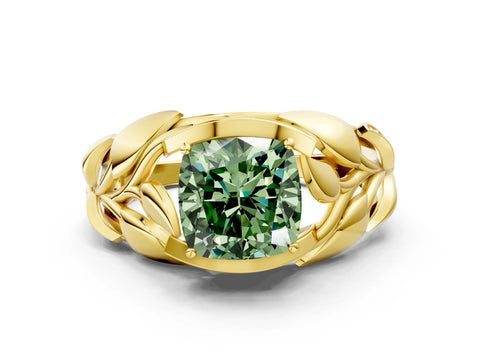 Yellow gold Fancy Green Cushion Cut Solitaire Leaf-Inspired Engagement Ring with Prong Setting