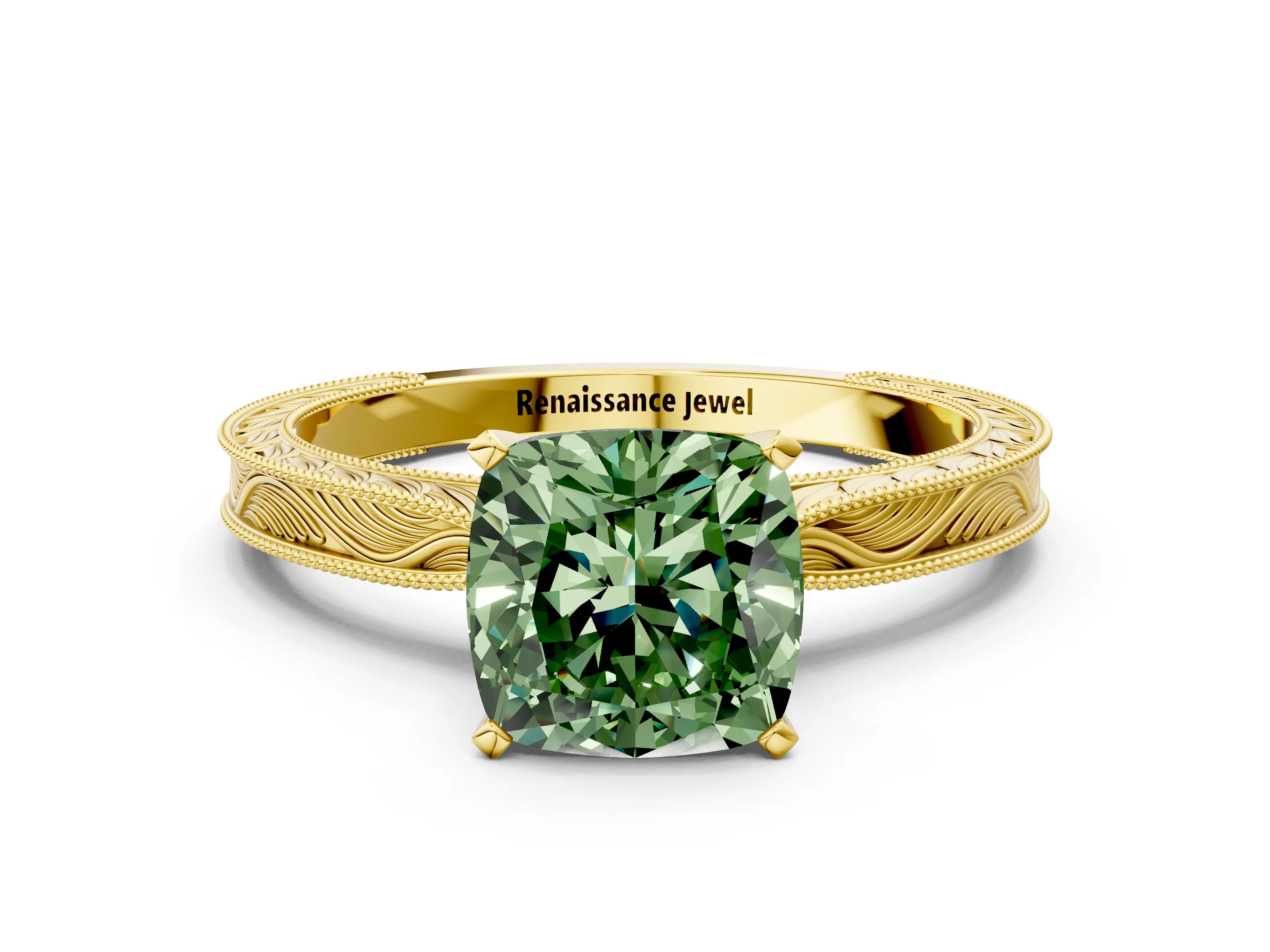 Yellow gold Fancy Green Cushion Cut Solitaire Milgrain Engraved Band with Four-Prong Setting