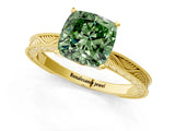 Yellow gold Fancy Green Cushion Cut Solitaire Milgrain Engraved Band with Four-Prong Setting_1