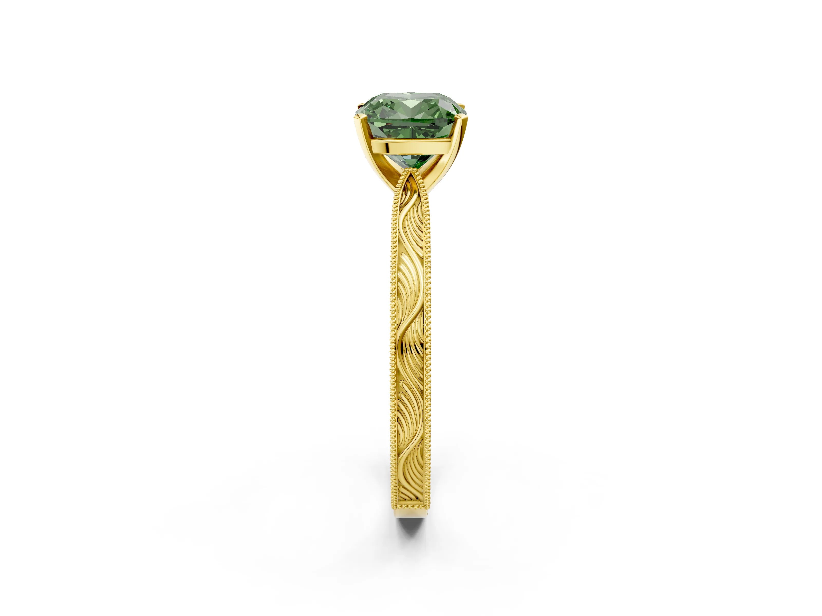 Yellow gold Fancy Green Cushion Cut Solitaire Milgrain Engraved Band with Four-Prong Setting_2
