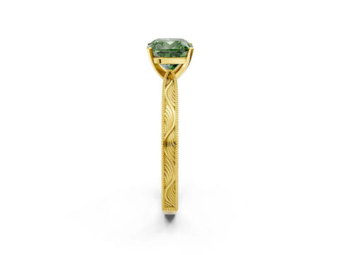 Yellow gold Fancy Green Cushion Cut Solitaire Milgrain Engraved Band with Four-Prong Setting_2