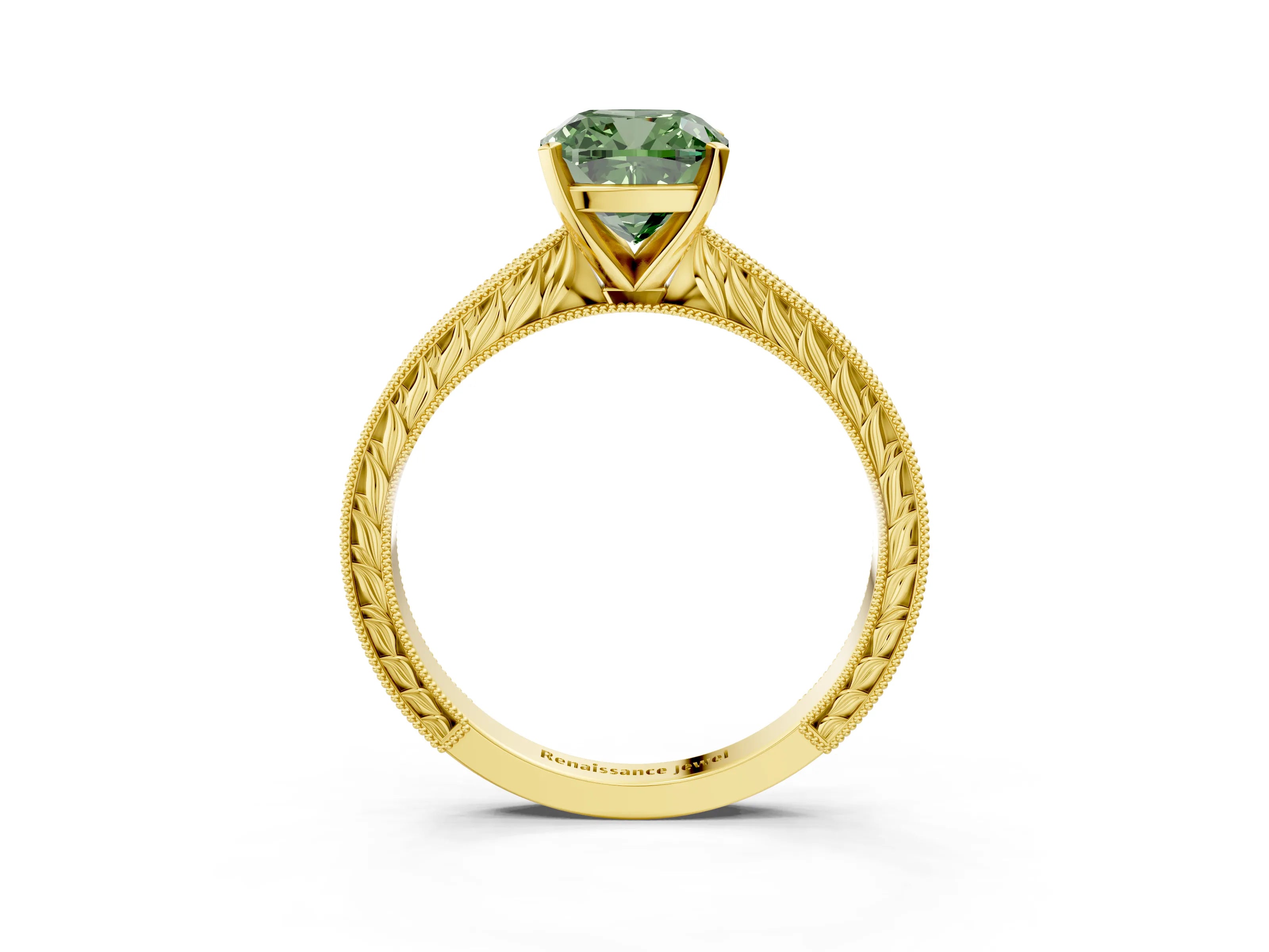 Yellow gold Fancy Green Cushion Cut Solitaire Milgrain Engraved Band with Four-Prong Setting_3
