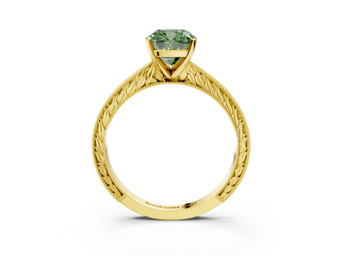 Yellow gold Fancy Green Cushion Cut Solitaire Milgrain Engraved Band with Four-Prong Setting_3