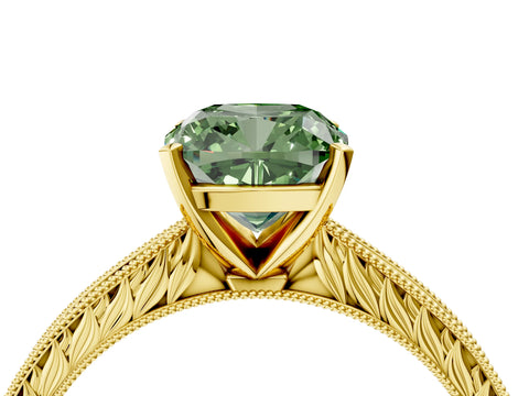 Yellow gold Fancy Green Cushion Cut Solitaire Milgrain Engraved Band with Four-Prong Setting_4
