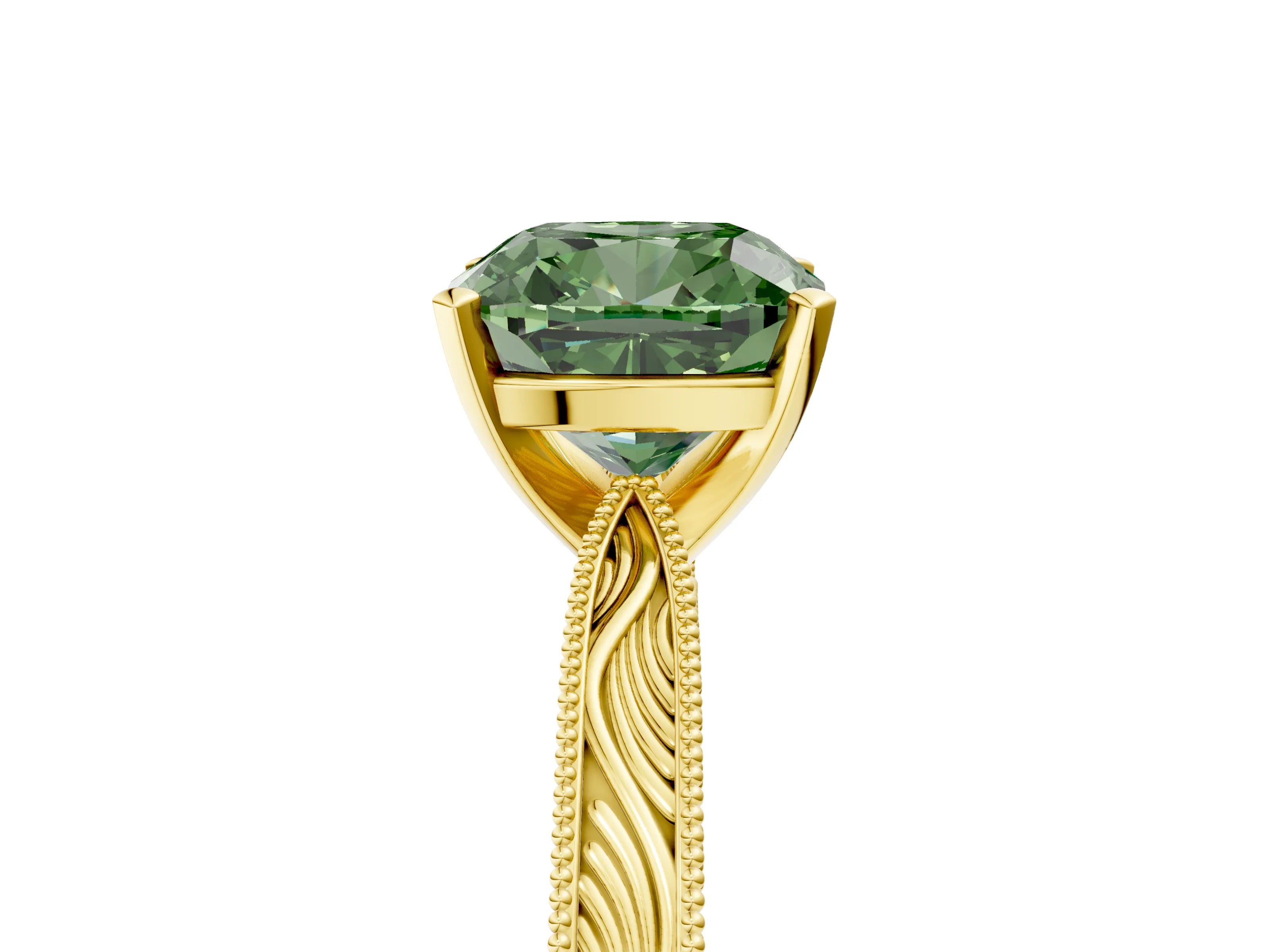 Yellow gold Fancy Green Cushion Cut Solitaire Milgrain Engraved Band with Four-Prong Setting_5