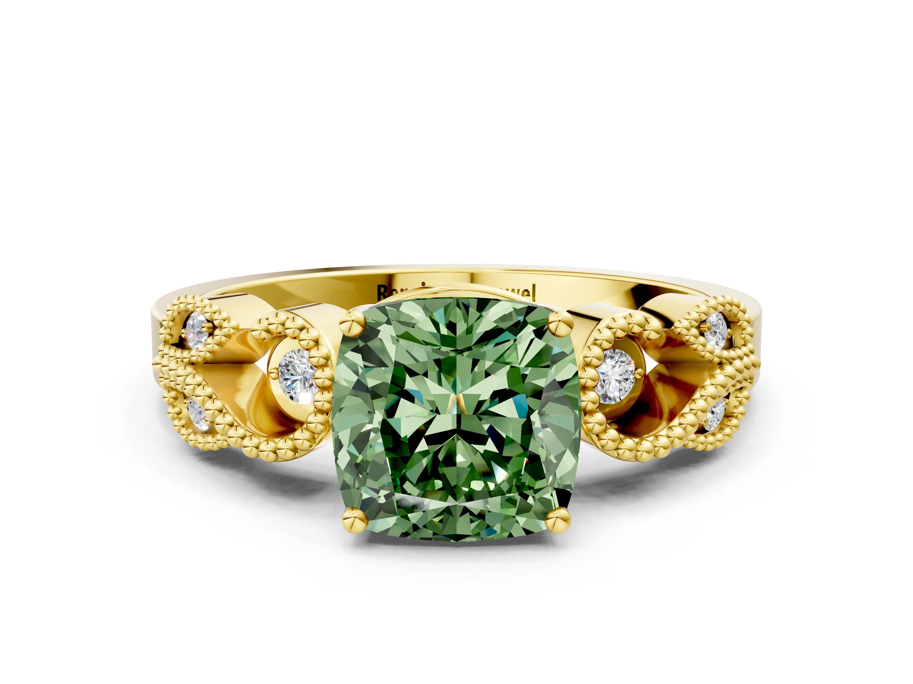 Yellow gold Fancy Green Cushion Cut Solitaire Milgrain Leaf Band with Prong Setting