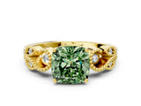 Yellow gold Fancy Green Cushion Cut Solitaire Milgrain Leaf Band with Prong Setting