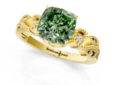 Yellow gold Fancy Green Cushion Cut Solitaire Milgrain Leaf Band with Prong Setting_1