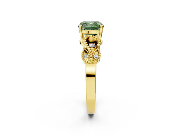 Yellow gold Fancy Green Cushion Cut Solitaire Milgrain Leaf Band with Prong Setting